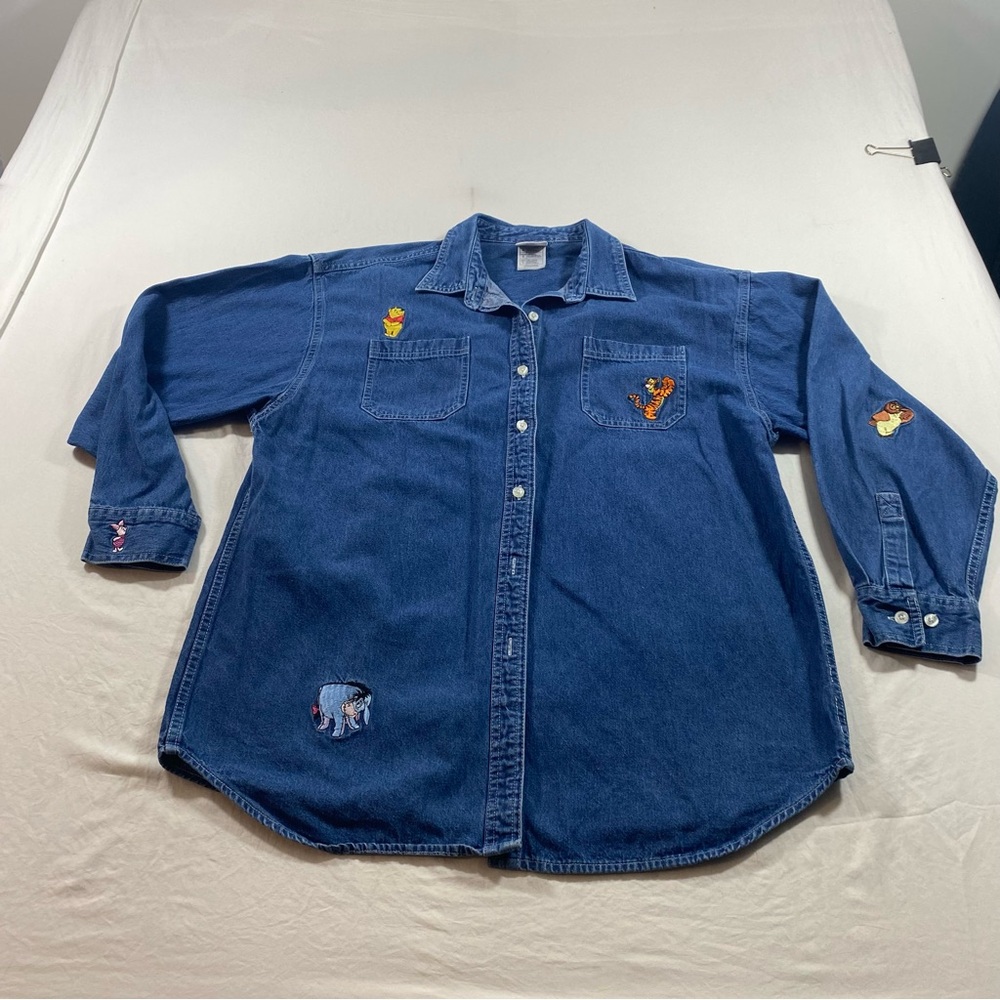 Disney Button Down Denim Shirt Top Embroidered Winnie Pooh Kanga Roo Casual